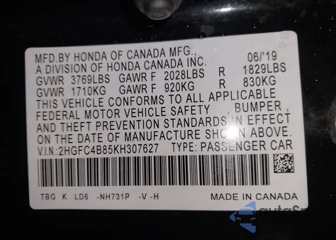 2019 Honda Civic Sport z USA, uszkodzony, nr VIN 2HGFC4B85KH307627